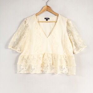 Express Top Blouse XL Ivory Floral Embroidered Layered Coquette Boho Feminine